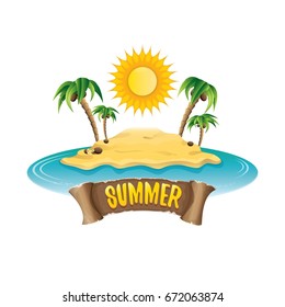 vector summer label with island tropical beach, sun, palm trees, clouds and vintage ribbon for text. summer fun vector design elements set isolated on white background