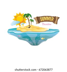 vector summer label with island tropical beach, sun, palm trees, clouds and vintage ribbon for text. summer fun vector design elements set isolated on white background