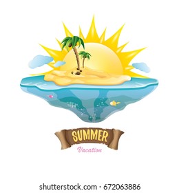 vector summer label with island tropical beach, sun, palm trees, clouds and vintage ribbon for text. summer fun vector design elements set isolated on white background