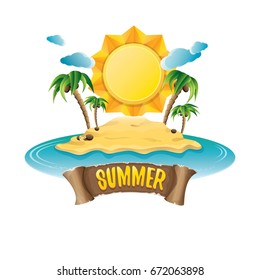 vector summer label with island tropical beach, sun, palm trees, clouds and vintage ribbon for text. summer fun vector design elements set isolated on white background