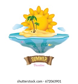 vector summer label with island tropical beach, sun, palm trees, clouds and vintage ribbon for text. summer fun vector design elements set isolated on white background