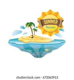vector summer label with island tropical beach, sun, palm trees, clouds and vintage ribbon for text. summer fun vector design elements set isolated on white background