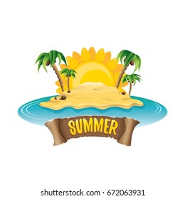vector summer label with island tropical beach, sun, palm trees, clouds and vintage ribbon for text. summer fun vector design elements set isolated on white background