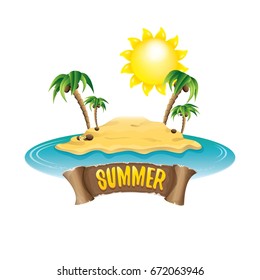 vector summer label with island tropical beach, sun, palm trees, clouds and vintage ribbon for text. summer fun vector design elements set isolated on white background