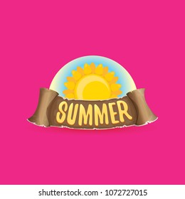 vector summer label with orange sun and old vintage brown ribbon with text. summer icon with sun Stylized design element. design elements for banner, poster, flyer, cover, brochure. Logo design.