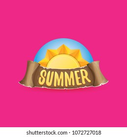 vector summer label with orange sun and old vintage brown ribbon with text. summer icon with sun Stylized design element. design elements for banner, poster, flyer, cover, brochure. Logo design.