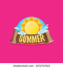 vector summer label with orange sun and old vintage brown ribbon with text. summer icon with sun Stylized design element. design elements for banner, poster, flyer, cover, brochure. Logo design.