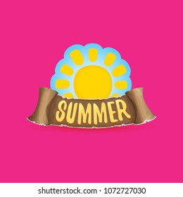 vector summer label with orange sun and old vintage brown ribbon with text. summer icon with sun Stylized design element. design elements for banner, poster, flyer, cover, brochure. Logo design.