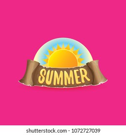 vector summer label with orange sun and old vintage brown ribbon with text. summer icon with sun Stylized design element. design elements for banner, poster, flyer, cover, brochure. Logo design.