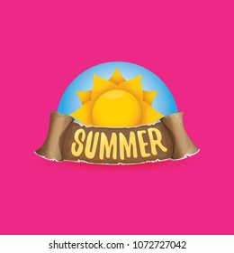vector summer label with orange sun and old vintage brown ribbon with text. summer icon with sun Stylized design element. design elements for banner, poster, flyer, cover, brochure. Logo design.