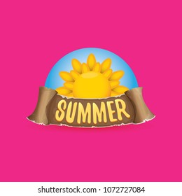 vector summer label with orange sun and old vintage brown ribbon with text. summer icon with sun Stylized design element. design elements for banner, poster, flyer, cover, brochure. Logo design.