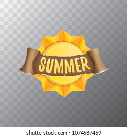 vector summer label with orange sun and old vintage brown ribbon with text. summer icon with sun Stylized design element. design elements for banner, poster, flyer, cover, brochure. Logo design.