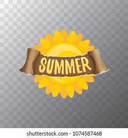 vector summer label with orange sun and old vintage brown ribbon with text. summer icon with sun Stylized design element. design elements for banner, poster, flyer, cover, brochure. Logo design.