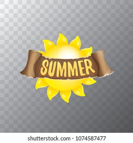 vector summer label with orange sun and old vintage brown ribbon with text. summer icon with sun Stylized design element. design elements for banner, poster, flyer, cover, brochure. Logo design.