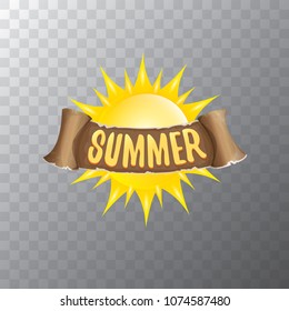vector summer label with orange sun and old vintage brown ribbon with text. summer icon with sun Stylized design element. design elements for banner, poster, flyer, cover, brochure. Logo design.