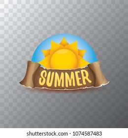 vector summer label with orange sun and old vintage brown ribbon with text. summer icon with sun Stylized design element. design elements for banner, poster, flyer, cover, brochure. Logo design.