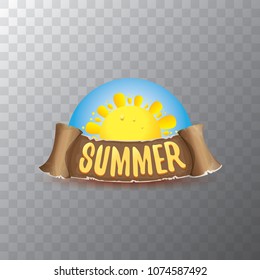 vector summer label with orange sun and old vintage brown ribbon with text. summer icon with sun Stylized design element. design elements for banner, poster, flyer, cover, brochure. Logo design.
