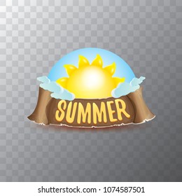 vector summer label with orange sun and old vintage brown ribbon with text. summer icon with sun Stylized design element. design elements for banner, poster, flyer, cover, brochure. Logo design.