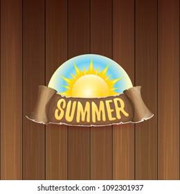 vector summer label with orange sun and old vintage brown ribbon with text. summer icon with sun Stylized design element. design elements for banner, poster, flyer, cover, brochure. Logo design.