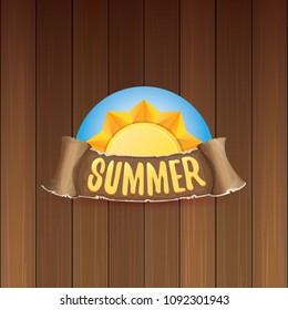 vector summer label with orange sun and old vintage brown ribbon with text. summer icon with sun Stylized design element. design elements for banner, poster, flyer, cover, brochure. Logo design.