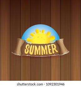 vector summer label with orange sun and old vintage brown ribbon with text. summer icon with sun Stylized design element. design elements for banner, poster, flyer, cover, brochure. Logo design.