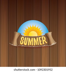 vector summer label with orange sun and old vintage brown ribbon with text. summer icon with sun Stylized design element. design elements for banner, poster, flyer, cover, brochure. Logo design.