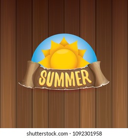 vector summer label with orange sun and old vintage brown ribbon with text. summer icon with sun Stylized design element. design elements for banner, poster, flyer, cover, brochure. Logo design.