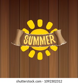 vector summer label with orange sun and old vintage brown ribbon with text. summer icon with sun Stylized design element. design elements for banner, poster, flyer, cover, brochure. Logo design.