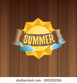 vector summer label with orange sun and old vintage brown ribbon with text. summer icon with sun Stylized design element. design elements for banner, poster, flyer, cover, brochure. Logo design.