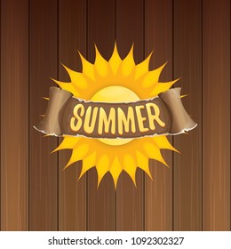 vector summer label with orange sun and old vintage brown ribbon with text. summer icon with sun Stylized design element. design elements for banner, poster, flyer, cover, brochure. Logo design.
