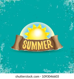 vector summer label with orange sun and old vintage brown ribbon with text. summer icon with sun Stylized design element. design elements for banner, poster, flyer, cover, brochure. Logo design.