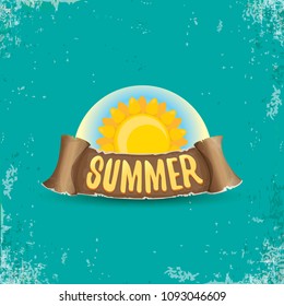 vector summer label with orange sun and old vintage brown ribbon with text. summer icon with sun Stylized design element. design elements for banner, poster, flyer, cover, brochure. Logo design.