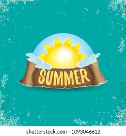 vector summer label with orange sun and old vintage brown ribbon with text. summer icon with sun Stylized design element. design elements for banner, poster, flyer, cover, brochure. Logo design.