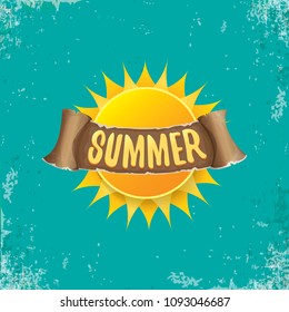 vector summer label with orange sun and old vintage brown ribbon with text. summer icon with sun Stylized design element. design elements for banner, poster, flyer, cover, brochure. Logo design.