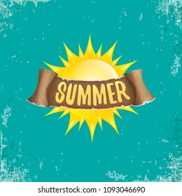 vector summer label with orange sun and old vintage brown ribbon with text. summer icon with sun Stylized design element. design elements for banner, poster, flyer, cover, brochure. Logo design.