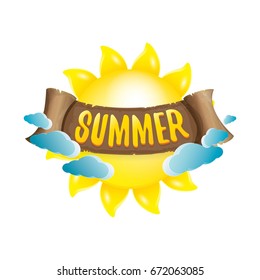 vector summer label with orange sun and old vintage brown ribbon with text. summer icon with sun Stylized design element. design elements for banner, poster, flyer, cover, brochure. Logo design.