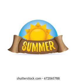 vector summer label with orange sun and old vintage brown ribbon with text. summer icon with sun Stylized design element. design elements for banner, poster, flyer, cover, brochure. Logo design.