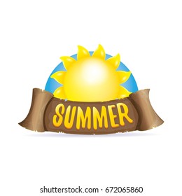 vector summer label with orange sun and old vintage brown ribbon with text. summer icon with sun Stylized design element. design elements for banner, poster, flyer, cover, brochure. Logo design.