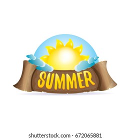 vector summer label with orange sun and old vintage brown ribbon with text. summer icon with sun Stylized design element. design elements for banner, poster, flyer, cover, brochure. Logo design.
