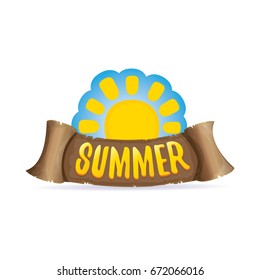 vector summer label with orange sun and old vintage brown ribbon with text. summer icon with sun Stylized design element. design elements for banner, poster, flyer, cover, brochure. Logo design.