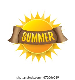 vector summer label with orange sun and old vintage brown ribbon with text. summer icon with sun Stylized design element. design elements for banner, poster, flyer, cover, brochure. Logo design.