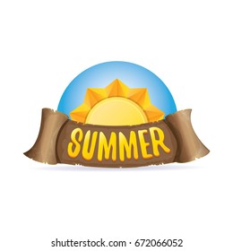 vector summer label with orange sun and old vintage brown ribbon with text. summer icon with sun Stylized design element. design elements for banner, poster, flyer, cover, brochure. Logo design.