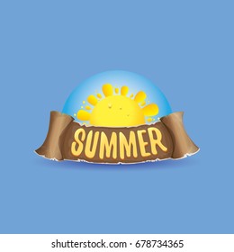 vector summer label with orange sun and old vintage brown ribbon with text. summer icon with sun Stylized design element. design elements for banner, poster, flyer, cover, brochure. Logo design.