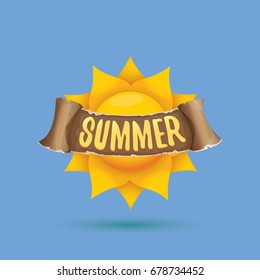 vector summer label with orange sun and old vintage brown ribbon with text. summer icon with sun Stylized design element. design elements for banner, poster, flyer, cover, brochure. Logo design.