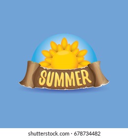 vector summer label with orange sun and old vintage brown ribbon with text. summer icon with sun Stylized design element. design elements for banner, poster, flyer, cover, brochure. Logo design.