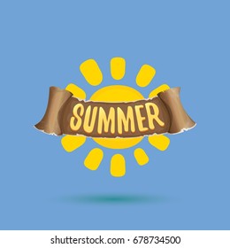 vector summer label with orange sun and old vintage brown ribbon with text. summer icon with sun Stylized design element. design elements for banner, poster, flyer, cover, brochure. Logo design.