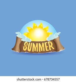vector summer label with orange sun and old vintage brown ribbon with text. summer icon with sun Stylized design element. design elements for banner, poster, flyer, cover, brochure. Logo design.