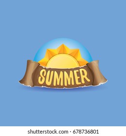vector summer label with orange sun and old vintage brown ribbon with text. summer icon with sun Stylized design element. design elements for banner, poster, flyer, cover, brochure. Logo design.