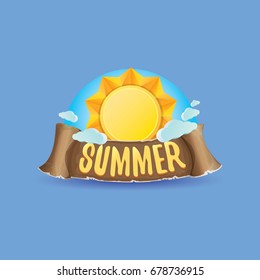 vector summer label with orange sun and old vintage brown ribbon with text. summer icon with sun Stylized design element. design elements for banner, poster, flyer, cover, brochure. Logo design.