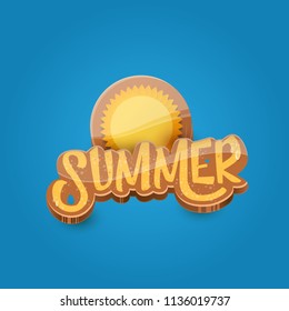 vector summer label paper art syle on blue sky background with orange sun. Summer beach party poster design template.
